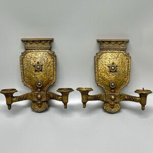 Pair Brass Wall Sconces Neoclassical Revival Double Candle Arms Shield Backplate